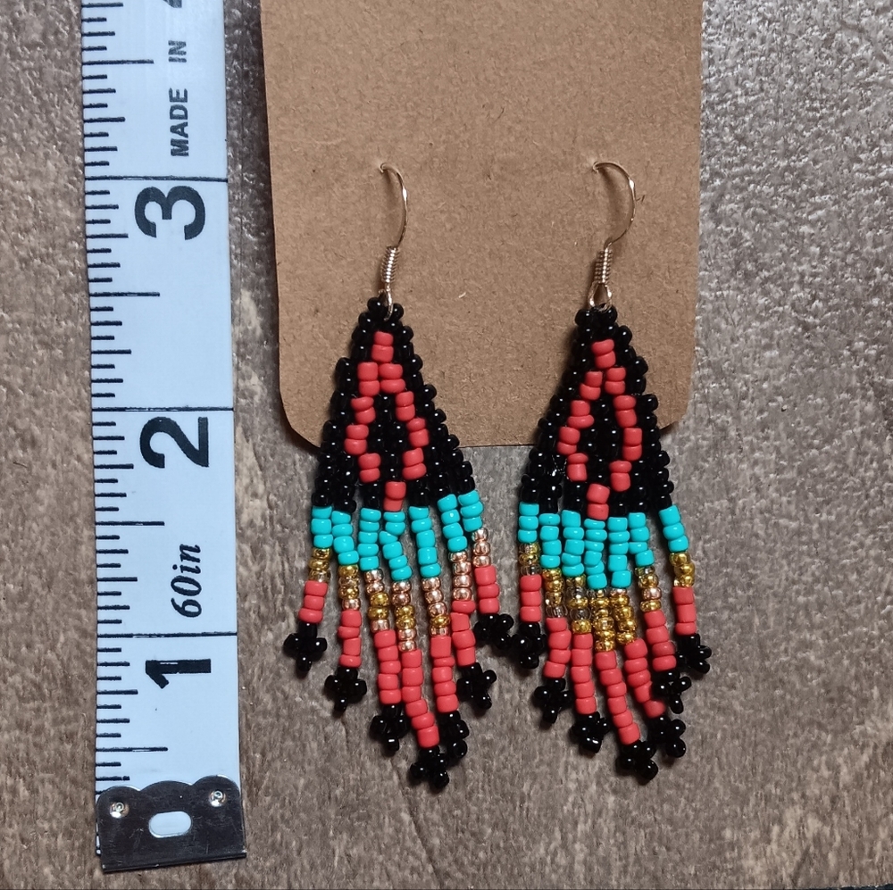 Handmade Beaded Fringe Earrings - Black, Coral & Turquoise